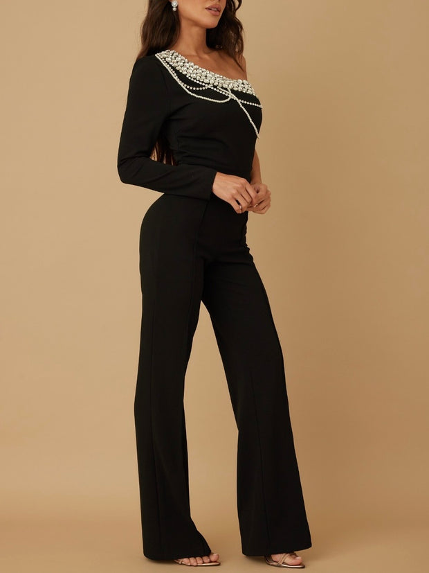 Paulina One Shoulder Chained Black Jumpsuit