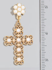 Pearl Stud Ornate Cross Dangle Earrings II