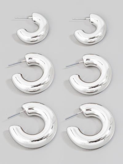 Silver Assorted Tube Hoop Earrings Set