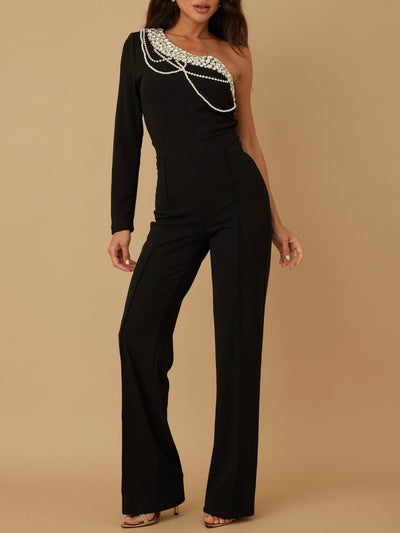 Paulina One Shoulder Chained Black Jumpsuit