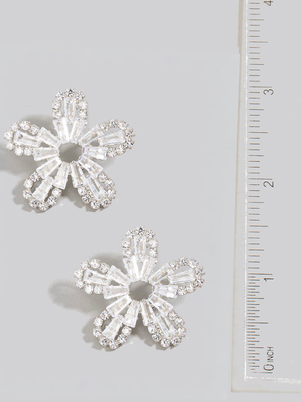 Silver Intricate Studded Cubic Zirconia Flower Stud Earrings