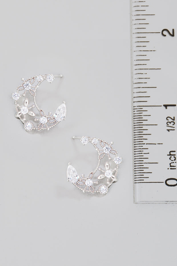 Floral Crescent Moon Rhinestone Earrings