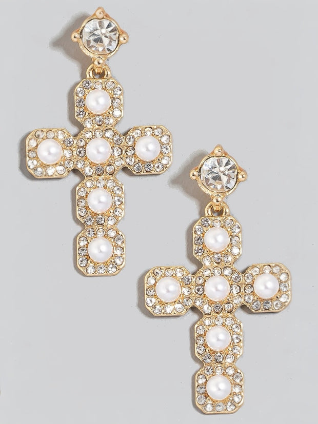 Rhinestone Set Pearl Stud Cross Dangle Earrings