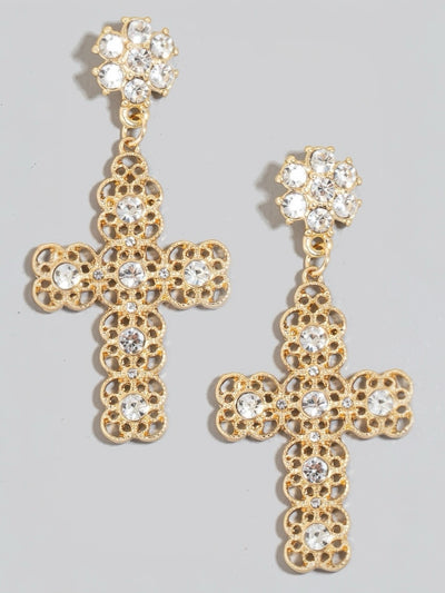 Pearl Stud Ornate Cross Dangle Earrings I