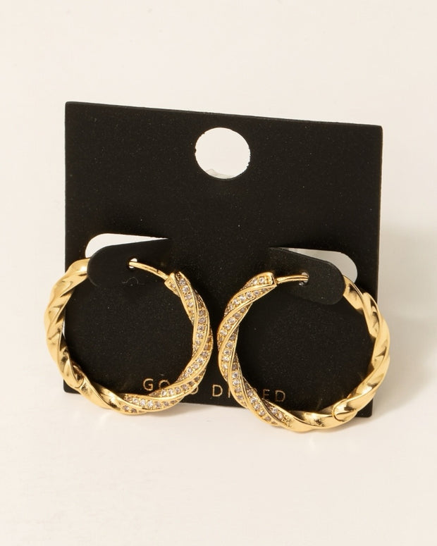 Gold Dipped Cz Pave Twisted Hoop Earrings