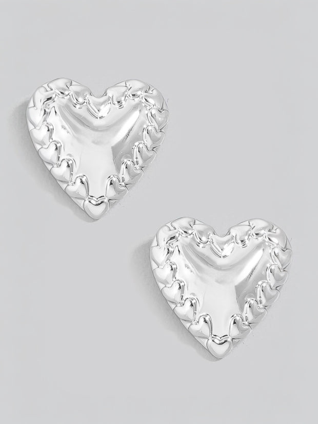 Silver Intricate Heart Shield Stud Earrings