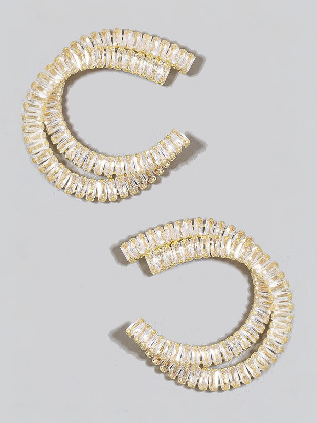 Gold Layered Cz Baguette Pave Stud Hoop Earrings