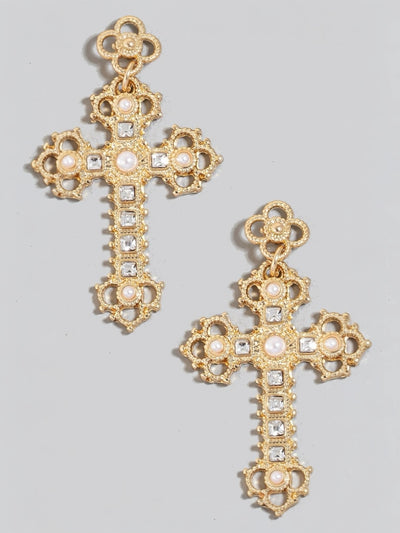 Intricate Pearl And Rhinestone Cross Dangle Earrings