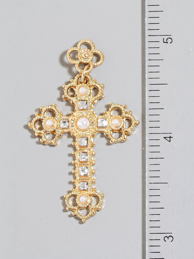 Intricate Pearl And Rhinestone Cross Dangle Earrings