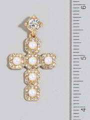 Rhinestone Set Pearl Stud Cross Dangle Earrings