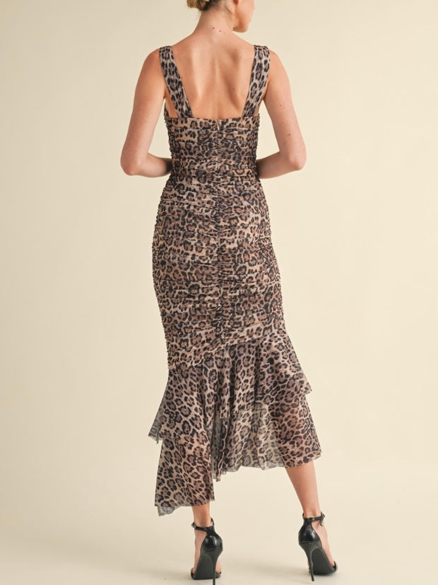 Kendall Ruched Leopard Midi Dress