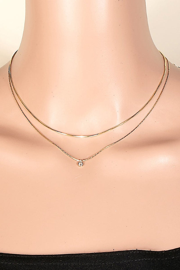 Silver Dainty Two Layer Chain Cz Pendant Necklace