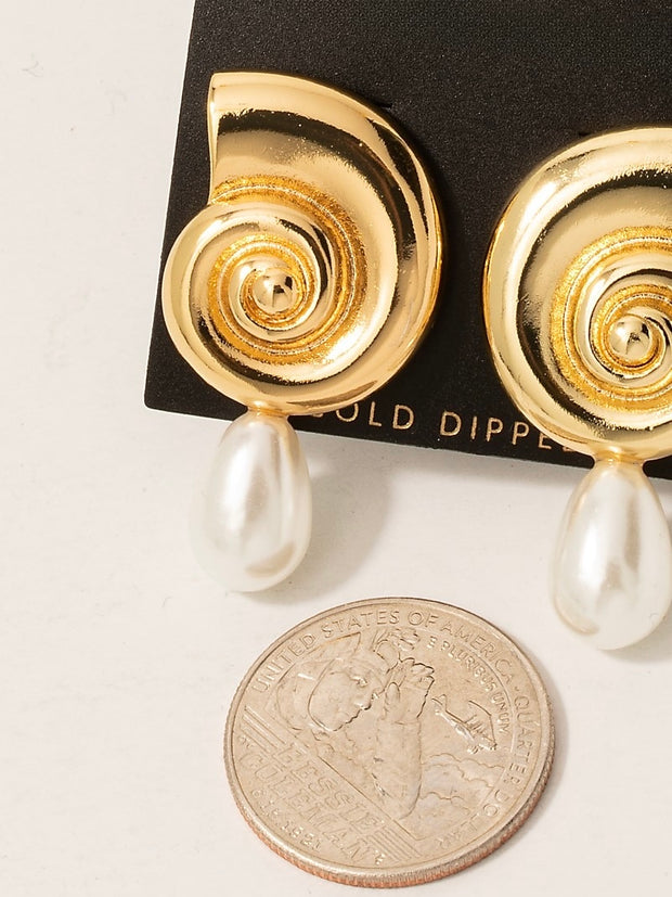 Gold Dipped Spiral Shell And Pearl Charm Dangle Earrings