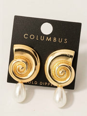 Gold Dipped Spiral Shell And Pearl Charm Dangle Earrings