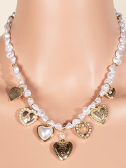 Pearl Beaded Heart Charms Chain Necklace