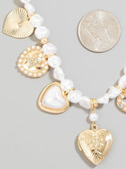 Pearl Beaded Heart Charms Chain Necklace