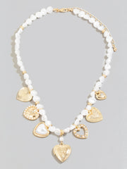 Pearl Beaded Heart Charms Chain Necklace