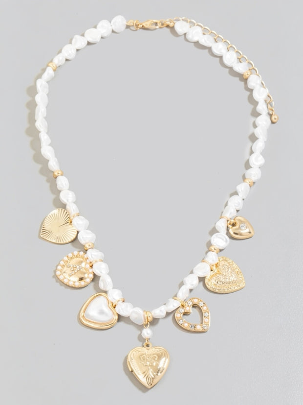 Pearl Beaded Heart Charms Chain Necklace