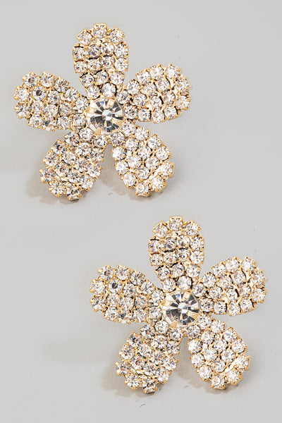 Gold Pave 5 Petal Flower Stud Earrings