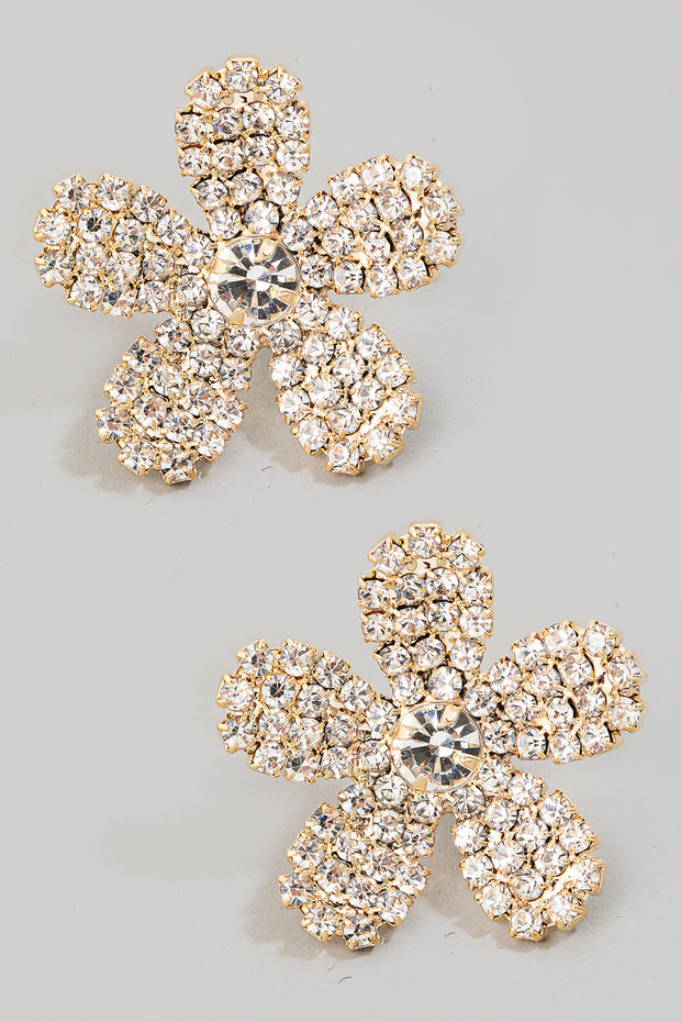 Gold Pave 5 Petal Flower Stud Earrings