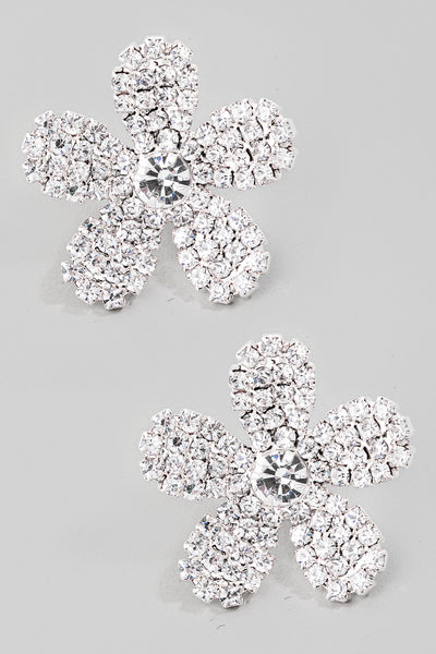 Silver Pave 5 Petal Flower Stud Earrings