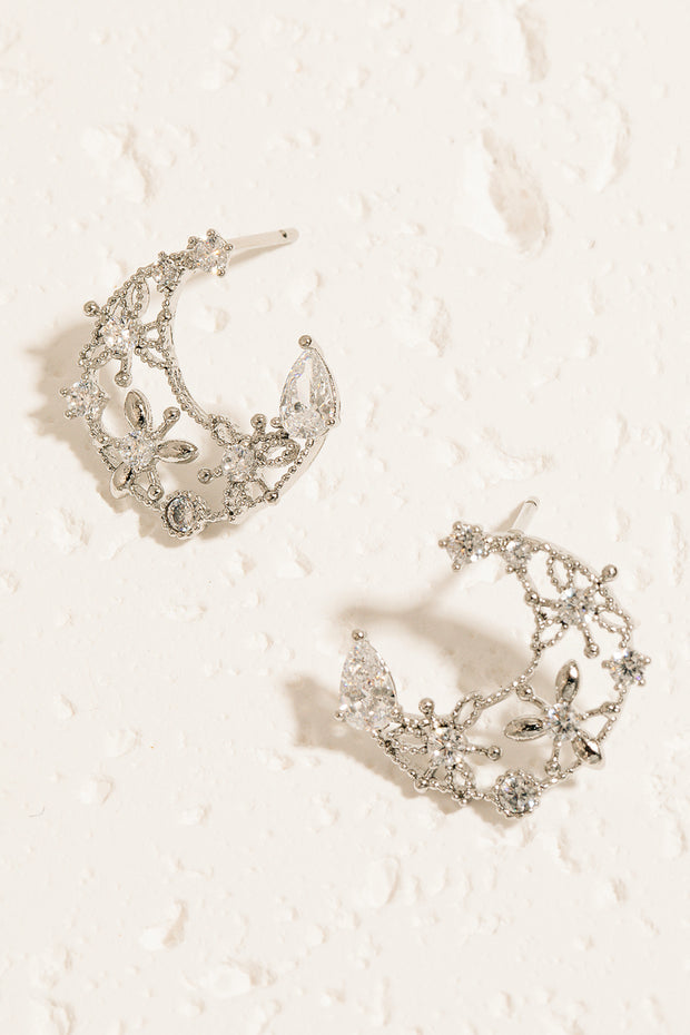 Floral Crescent Moon Rhinestone Earrings