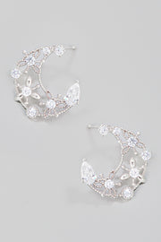 Floral Crescent Moon Rhinestone Earrings