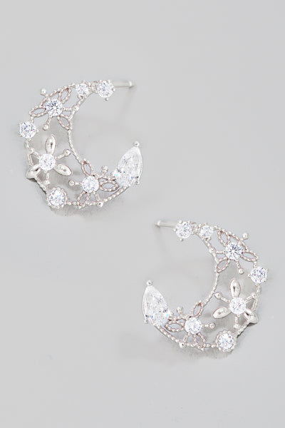 Floral Crescent Moon Rhinestone Earrings