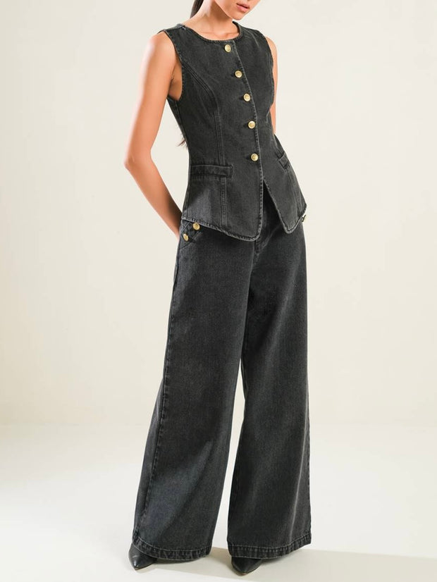 Dalia Black Denim Jacket & Pant Set