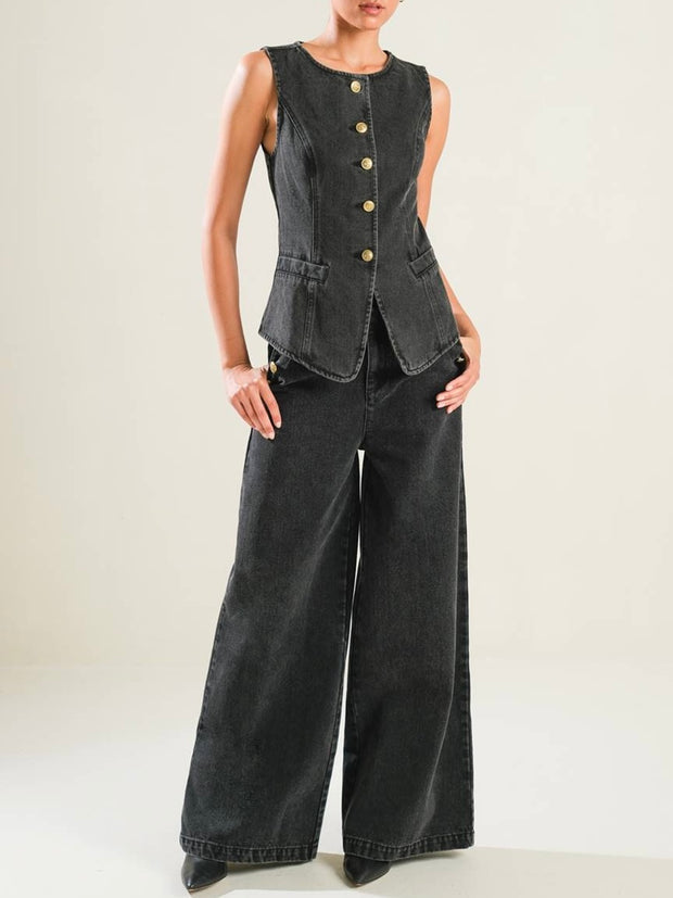 Dalia Black Denim Jacket & Pant Set