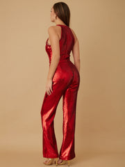 Luisa Sequins Halter Red Jumpsuit